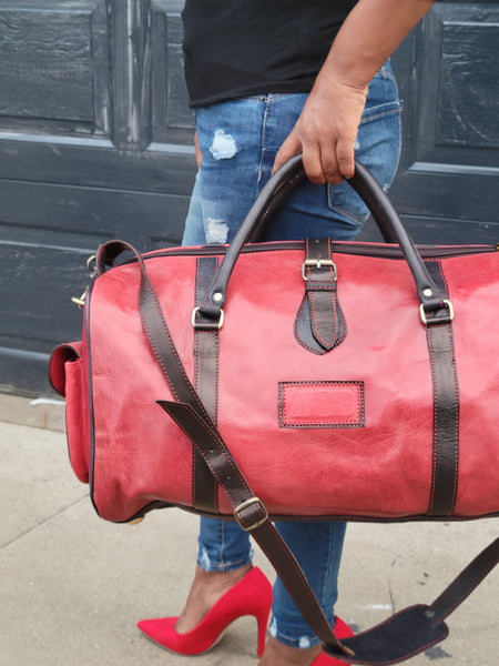 100% Leather Weekender Bag, Red with Black Trim